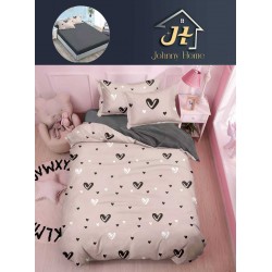 Lenjerie Bumbac Finet Superior 4 Piese Pat 1 Persoană cu Cearșaf cu Elastic – Model Inimi, Bej-Gri, YEM-008