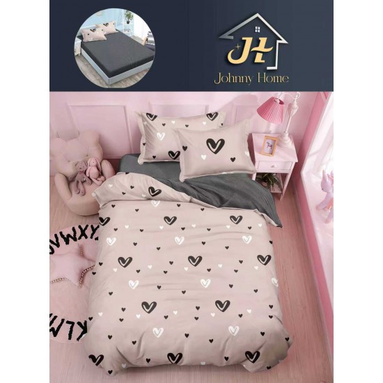 Lenjerie Bumbac Finet Superior 4 Piese Pat 1 Persoană cu Cearșaf cu Elastic – Model Inimi, Bej-Gri, YEM-008 Oferta Trio Mix 199