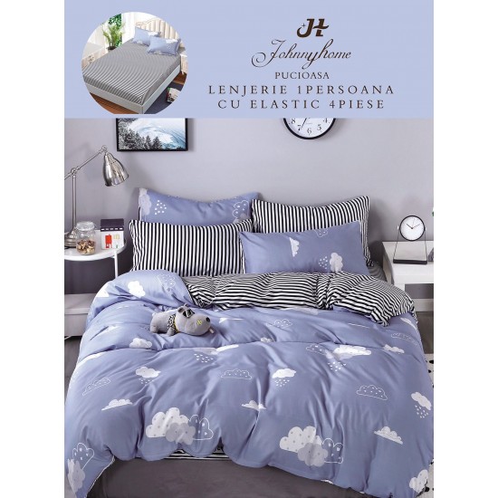 Lenjerie Bumbac Finet Superior 4 Piese Pat 1 Persoană cu Cearșaf cu Elastic – Model Norișori, Albastru Gri, YEM-009 Oferta Trio Mix 199