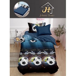 Lenjerie Bumbac Finet Superior 4 Piese Pat 1 Persoană cu Cearșaf cu Elastic – Model Fotbal Stadion, Albastru, YEM-010