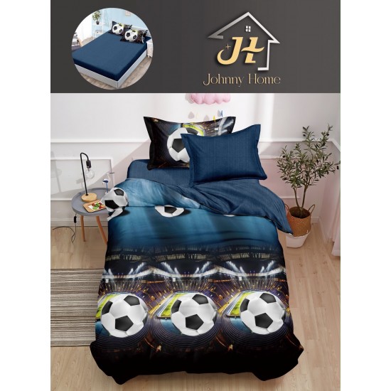 Lenjerie Bumbac Finet Superior 4 Piese Pat 1 Persoană cu Cearșaf cu Elastic – Model Fotbal Stadion, Albastru, YEM-010 Oferta Trio Mix 199