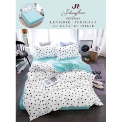 Lenjerie Bumbac Finet Superior 4 Piese Pat 1 Persoană cu Cearșaf cu Elastic – Model Triunghiuri, Alb-Turcoaz, YEM-012