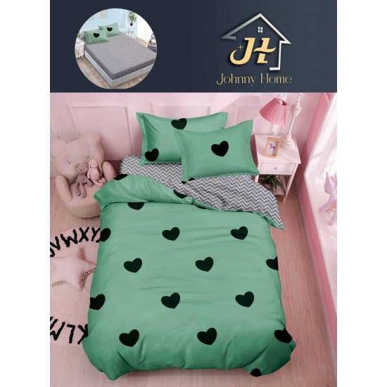 Lenjerie Bumbac Finet Superior 4 Piese Pat 1 Persoană cu Cearșaf cu Elastic – Model Inimi, Verde Mentă, YEM-013 Oferta Trio Mix 199