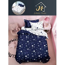 Lenjerie Bumbac Finet Superior 4 Piese Pat 1 Persoană cu Cearșaf cu Elastic – Model Stele, Bleumarin-Alb, YEM-014