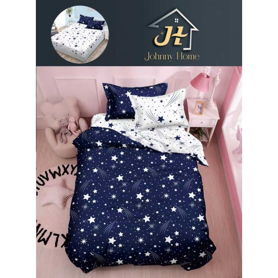 Lenjerie Bumbac Finet Superior 4 Piese Pat 1 Persoană cu Cearșaf cu Elastic – Model Stele, Bleumarin-Alb, YEM-014 Oferta Trio Mix 199