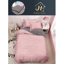 Lenjerie Bumbac Finet Superior 4 Piese Pat 1 Persoană cu Cearșaf cu Elastic – Model Uni, Roz Pudrat și Gri, YEM-015