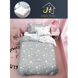 Lenjerie Bumbac Finet Superior 4 Piese Pat 1 Persoană cu Cearșaf cu Elastic – Model Steluțe, Gri și Alb, YEM-016