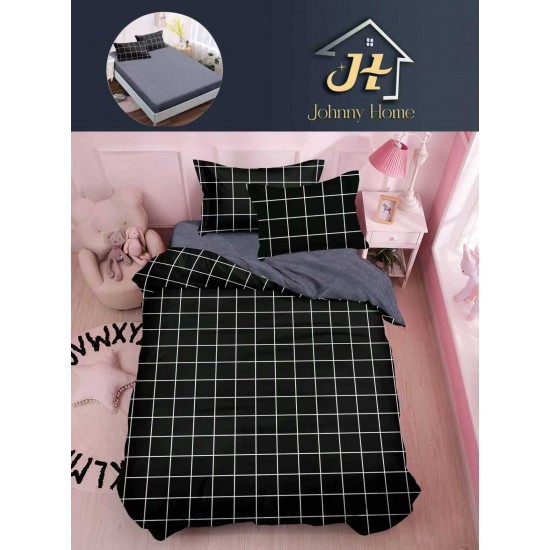 Lenjerie Bumbac Finet Superior 4 Piese Pat 1 Persoană cu Cearșaf cu Elastic – Model Carouri, Negru și Alb, YEM-017 Oferta Trio Mix 199
