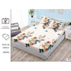 Cearșaf cu Elastic Bumbac Satinat 180x200 cm + 2 Fețe de Pernă – Model Floral, Crem cu Roz, OHT-003