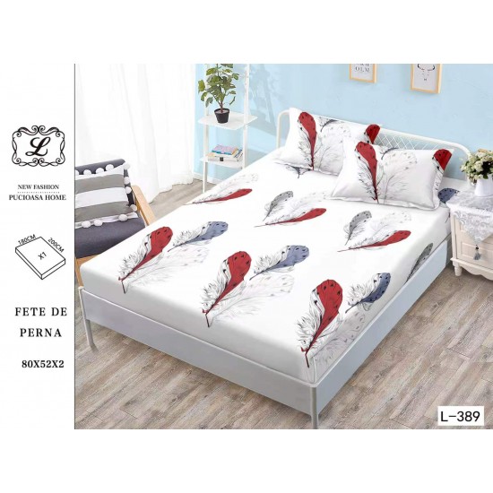 Cearșaf cu Elastic Bumbac Satinat 180x200 cm + 2 Fețe de Pernă – Model Pene Decorative, Alb cu Roșu și Gri, OHT-005 3 huse la 159 lei