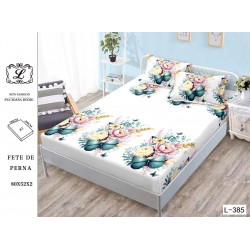 Cearșaf cu Elastic Bumbac Satinat 180x200 cm + 2 Fețe de Pernă – Model Fluturi și Flori, Alb Multicolor, OHT-006