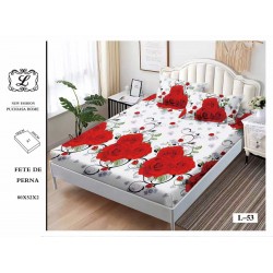 Cearșaf cu Elastic Bumbac Satinat 180x200 cm + 2 Fețe de Pernă – Model Trandafiri Roșii, Alb, OHT-009