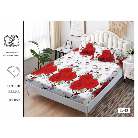 Cearșaf cu Elastic Bumbac Satinat 180x200 cm + 2 Fețe de Pernă – Model Trandafiri Roșii, Alb, OHT-009 3 huse la 159 lei