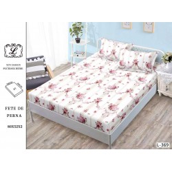 Cearșaf cu Elastic Bumbac Satinat 180x200 cm + 2 Fețe de Pernă – Model Floral Romantic, Alb/Crem cu Flori Roz, OHT-028