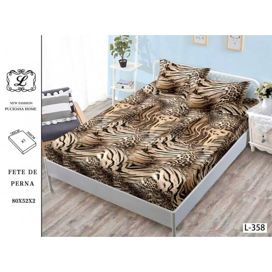 Cearșaf cu Elastic Bumbac Satinat 180x200 cm + 2 Fețe de Pernă – Model Animal Print, Maro/Bej, OHT-033 3 huse la 159 lei