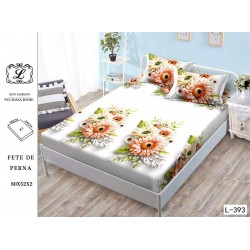 Cearșaf cu Elastic Bumbac Satinat 180x200 cm + 2 Fețe de Pernă – Model Flori Gerbera Albe și Somon, OHT-086