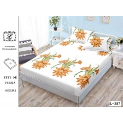 Cearșaf cu Elastic Bumbac Satinat 180x200 cm + 2 Fețe de Pernă – Model Flori Aurii, Alb, OHT-034