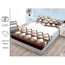 Cearșaf cu Elastic Bumbac Satinat 180x200 cm + 2 Fețe de Pernă – Model Geometric Maro, Bej și Alb, OHT-035