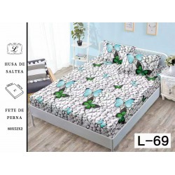 Cearșaf cu Elastic Bumbac Satinat 180x200 cm + 2 Fețe de Pernă – Model Pietricele cu Fluturi Albastru-Verde, OHT-039