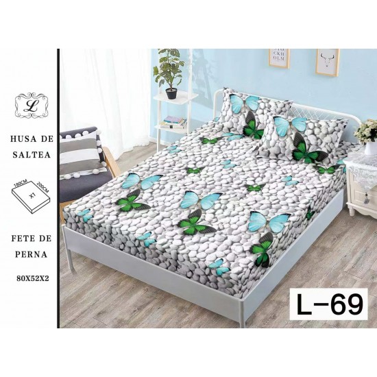 Cearșaf cu Elastic Bumbac Satinat 180x200 cm + 2 Fețe de Pernă – Model Pietricele cu Fluturi Albastru-Verde, OHT-039 3 huse la 159 lei