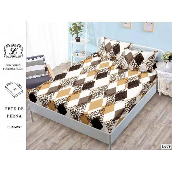 Cearșaf cu Elastic Bumbac Satinat 180x200 cm + 2 Fețe de Pernă – Model Carouri Bej cu Animal Print, OHT-042 3 huse la 159 lei