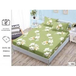 Cearșaf cu Elastic Bumbac Satinat 180x200 cm + 2 Fețe de Pernă – Model Floral Verde Olive, OHT-045