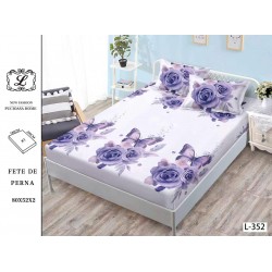 Cearșaf cu Elastic Bumbac Satinat 180x200 cm + 2 Fețe de Pernă – Model Trandafiri Mov și Fluturi, OHT-054