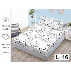 Cearșaf cu Elastic Bumbac Satinat 180x200 cm + 2 Fețe de Pernă – Model Floral Alb-Negru Elegant, OHT-064