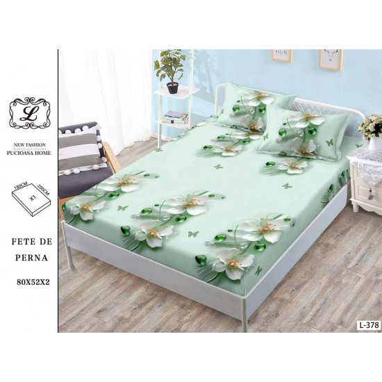 Cearșaf cu Elastic Bumbac Satinat 180x200 cm + 2 Fețe de Pernă – Model Flori Albe pe Verde Menta, OHT-087 3 huse la 159 lei
