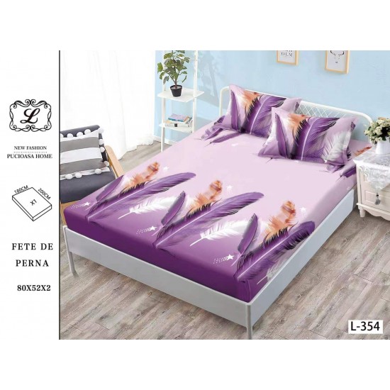 Cearșaf cu Elastic Bumbac Satinat 180x200 cm + 2 Fețe de Pernă – Model Pene Mov și Lila, OHT-088 3 huse la 159 lei