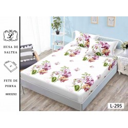 Cearșaf cu Elastic Bumbac Satinat 180x200 cm + 2 Fețe de Pernă – Model Orhidee Roz și Mov, OHT-089
