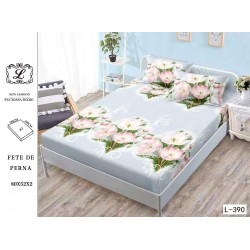 Cearșaf cu Elastic Bumbac Satinat 180x200 cm + 2 Fețe de Pernă – Model Floral Roz pe Fundal Gri Deschis, OHT-092