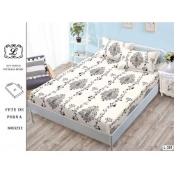 Cearșaf cu Elastic Bumbac Satinat 180x200 cm + 2 Fețe de Pernă – Model Oriental Alb cu Negru, OHT-094