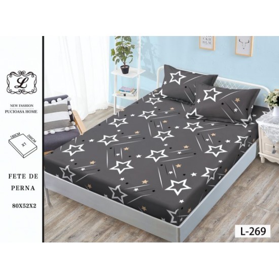 Cearșaf cu Elastic Bumbac Satinat 180x200 cm + 2 Fețe de Pernă – Model Stele Gri Antracit, OHT-066 3 huse la 159 lei
