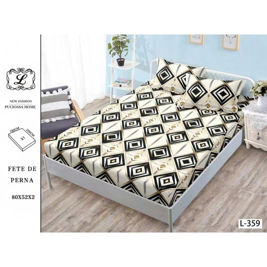 Cearșaf cu Elastic Bumbac Satinat 180x200 cm + 2 Fețe de Pernă – Model Geometric Alb, Negru și Auriu, OHT-095 3 huse la 159 lei