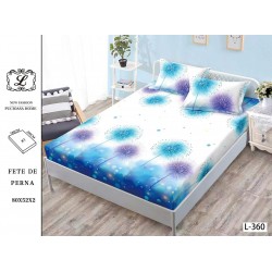 Cearșaf cu Elastic Bumbac Satinat 180x200 cm + 2 Fețe de Pernă – Model Păpădii Albastre și Mov, OHT-096