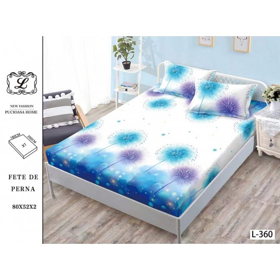 Cearșaf cu Elastic Bumbac Satinat 180x200 cm + 2 Fețe de Pernă – Model Păpădii Albastre și Mov, OHT-096 3 huse la 159 lei