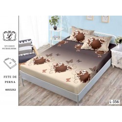 Cearșaf cu Elastic Bumbac Satinat 180x200 cm + 2 Fețe de Pernă – Model Inimi Florale Maro și Crem, OHT-097