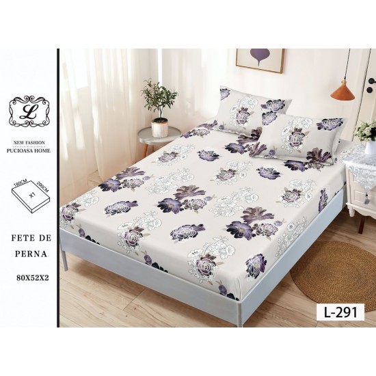 Cearșaf cu Elastic Bumbac Satinat 180x200 cm + 2 Fețe de Pernă – Model Floral Mov pe Fundal Crem, OHT-099 3 huse la 159 lei