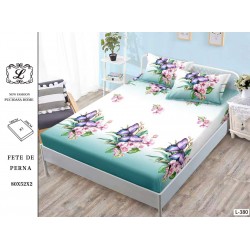 Cearșaf cu Elastic Bumbac Satinat 180x200 cm + 2 Fețe de Pernă – Model Fluturi Mov și Flori Roz Turcoaz, OHT-100