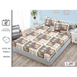 Cearșaf cu Elastic Bumbac Satinat 180x200 cm + 2 Fețe de Pernă – Model Geometric Bej, Maro și Negru, OHT-101