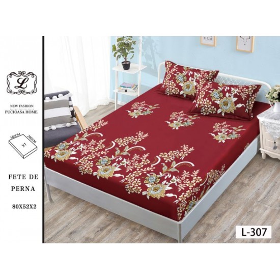 Cearșaf cu Elastic Bumbac Satinat 180x200 cm + 2 Fețe de Pernă – Model Floral Bordo Elegant, OHT-104 3 huse la 159 lei