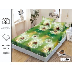 Cearșaf cu Elastic Bumbac Satinat 180x200 cm + 2 Fețe de Pernă – Model Păpădii Verzi, OHT-105