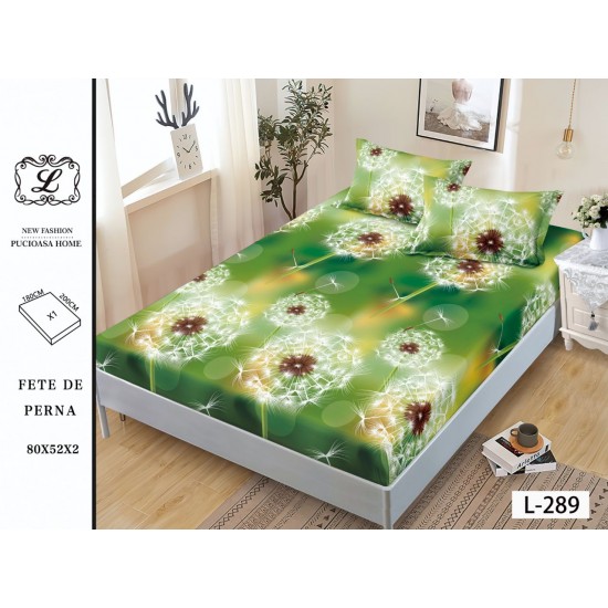 Cearșaf cu Elastic Bumbac Satinat 180x200 cm + 2 Fețe de Pernă – Model Păpădii Verzi, OHT-105 3 huse la 159 lei
