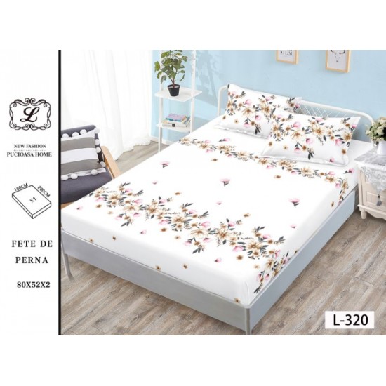 Cearșaf cu Elastic Bumbac Satinat 180x200 cm + 2 Fețe de Pernă – Model Floral Alb Elegant, OHT-106 3 huse la 159 lei
