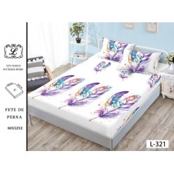 Cearșaf cu Elastic Bumbac Satinat 180x200 cm + 2 Fețe de Pernă – Model Pene Multicolore, OHT-108