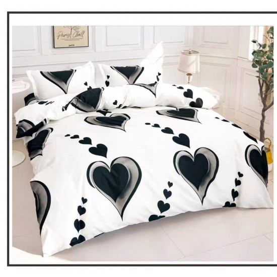 Set Pilotă Matlasată 185x230 cm + Cearșaf cu Elastic 180x200 cm + 2 Fețe de Pernă 50x70 cm –  Inimi Alb-Negru, PPL-032 Pilote Matlasate