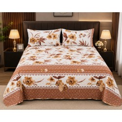 Cuvertură Pat Dublu din Bumbac Satinat 220x240 cm + 2 Fețe de Pernă 50x70 cm – Model Floral Maro Bej , OCT-044
