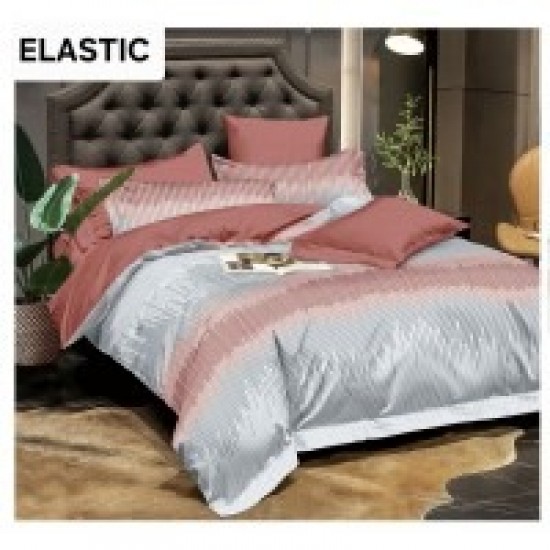 Set Lenjerie Pat Dublu Bumbac Satinat 4 Piese cu Cearșaf cu Elastic – Model Dungi Roz Pudrat și Gri, LES-096 3 lenjerii la 199 lei