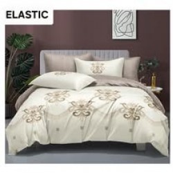 Set Lenjerie Pat Dublu Bumbac Satinat 4 Piese cu Cearșaf cu Elastic – Model Floral Crem Elegant, LES-098